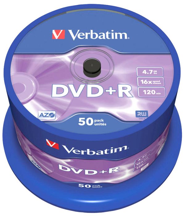Verbatim DVD+R 4.7GB 16x Speed 120min Recordable DVD Disc Spindle Pack 50 (43550)