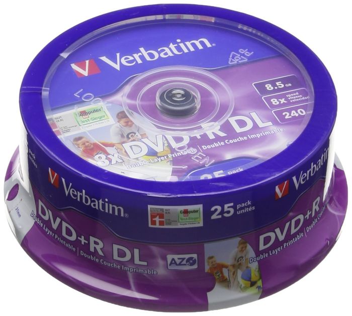 Verbatim DVD+R 8.5Gb 8x D/L Spindle 25 Printable 43667
