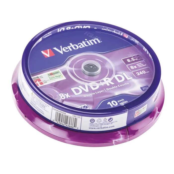 Verbatim DVD+R 8.5GB 8x Speed 240min Double Layer DVD Discs Spindle 10
